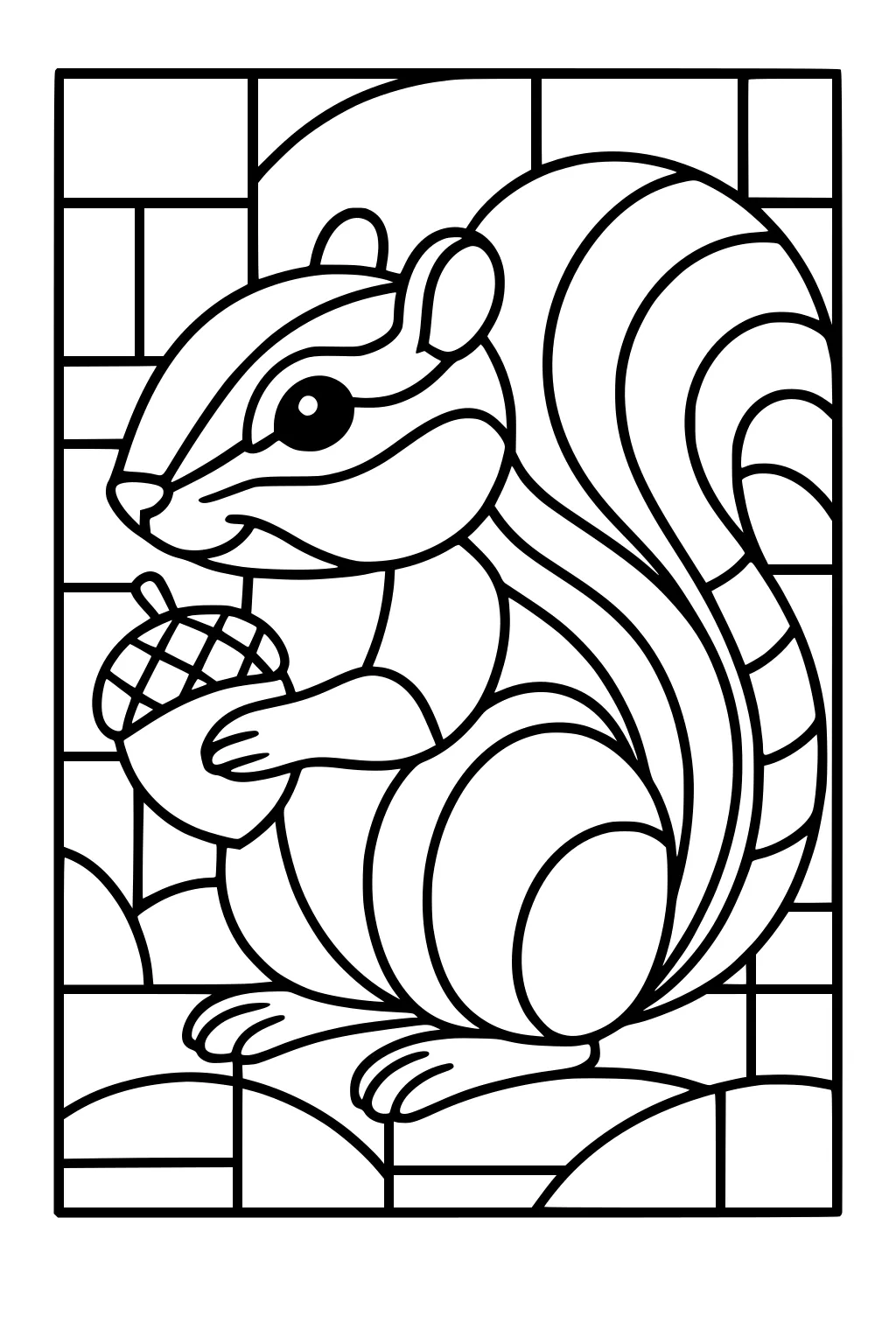 Cartoon chipmunk holding an acorn, with bold stripes and a patterned background of blocks and curves.