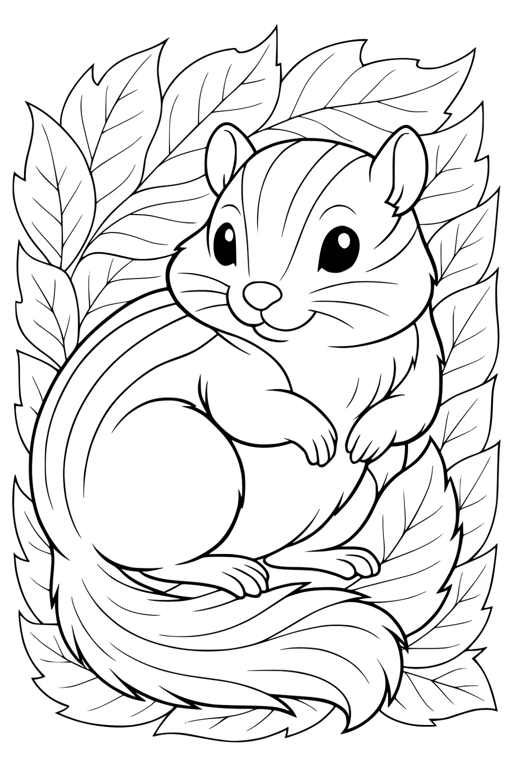 A chipmunk with stripes sits surrounded by large leaves, facing forward, with its bushy tail curled around its body.