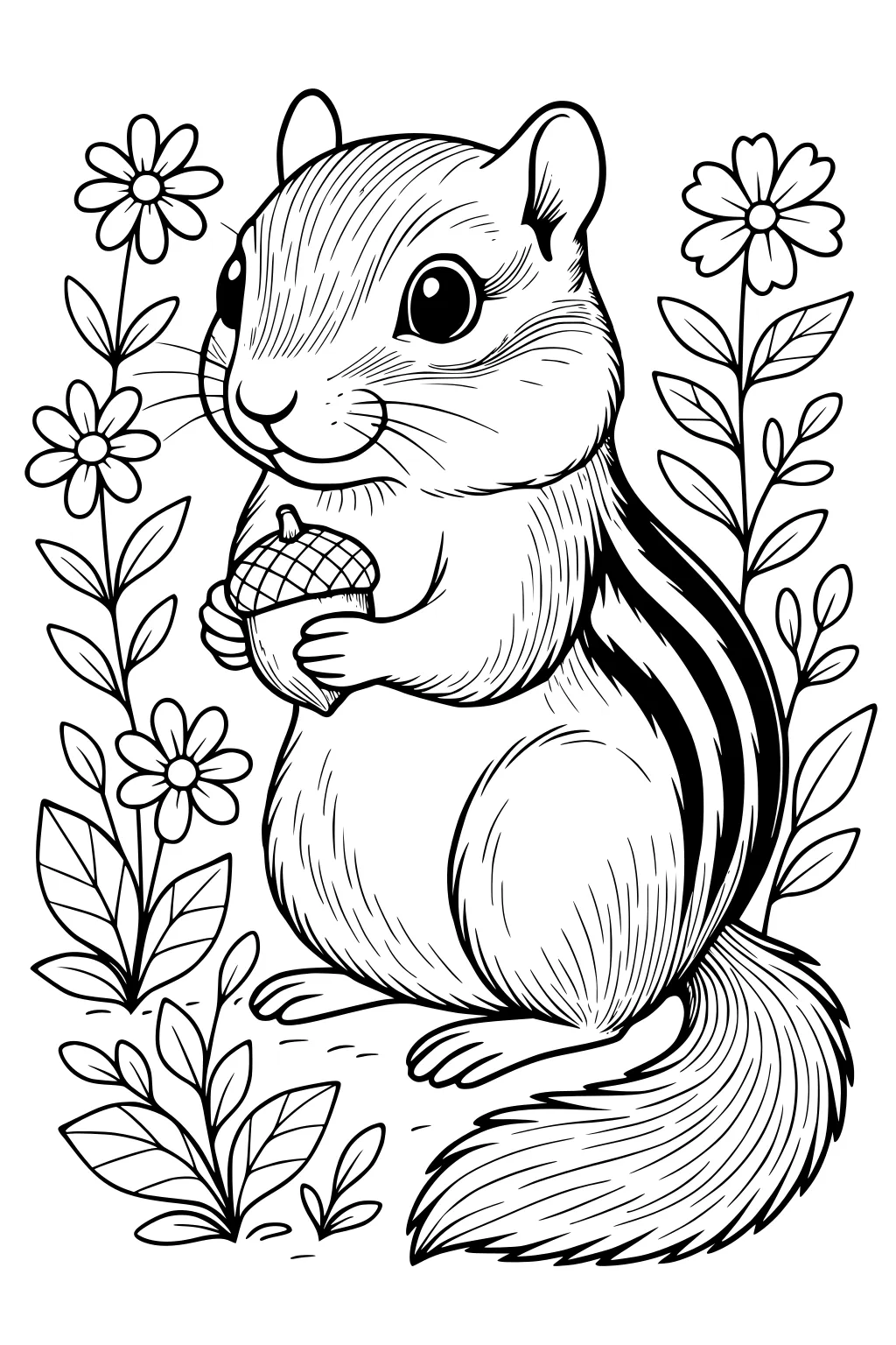 Chipmunk holding an acorn, striped tail, surrounded by flowers and leaves, sitting on the ground.