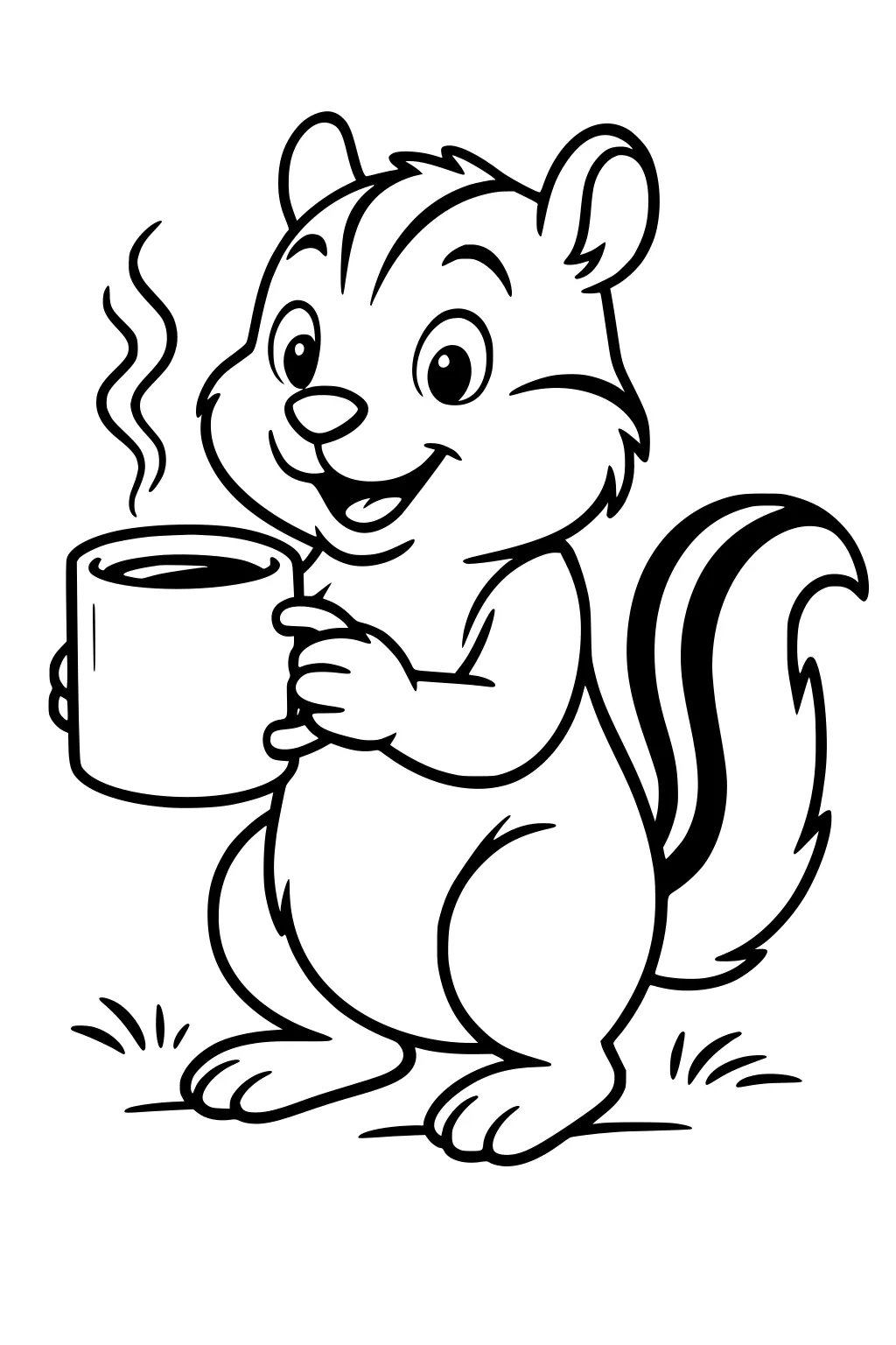 Smiling chipmunk holding a steaming mug, standing on grass with a bushy striped tail.