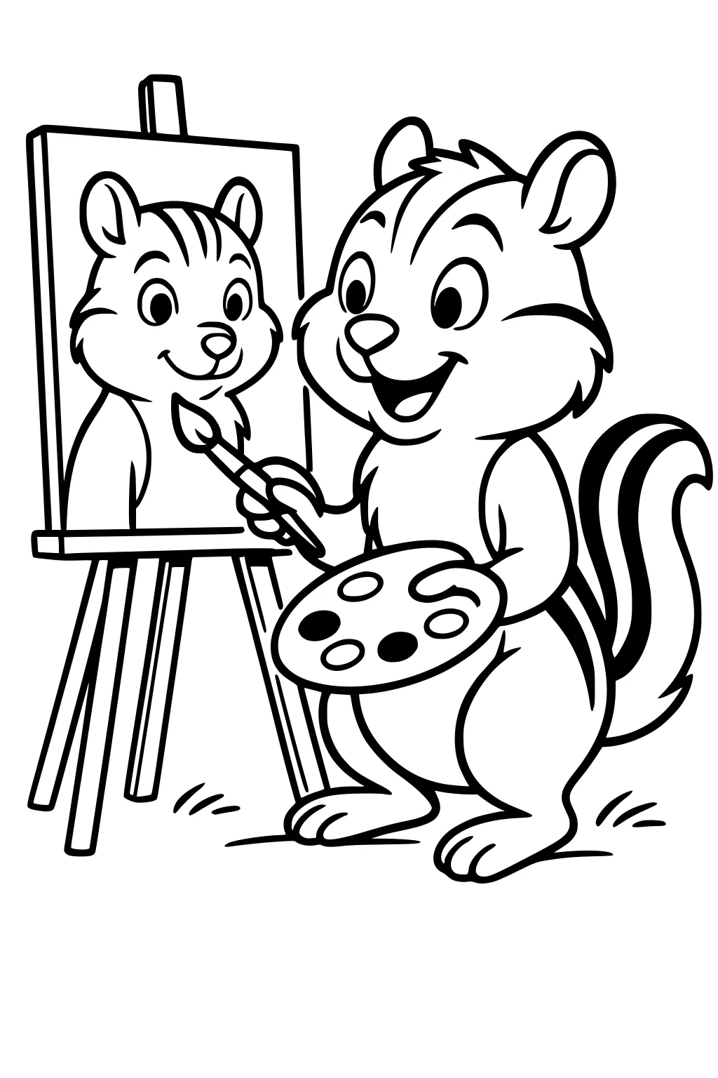 A chipmunk holding a paintbrush and palette paints a portrait of itself on an easel, smiling and standing on grassy ground.