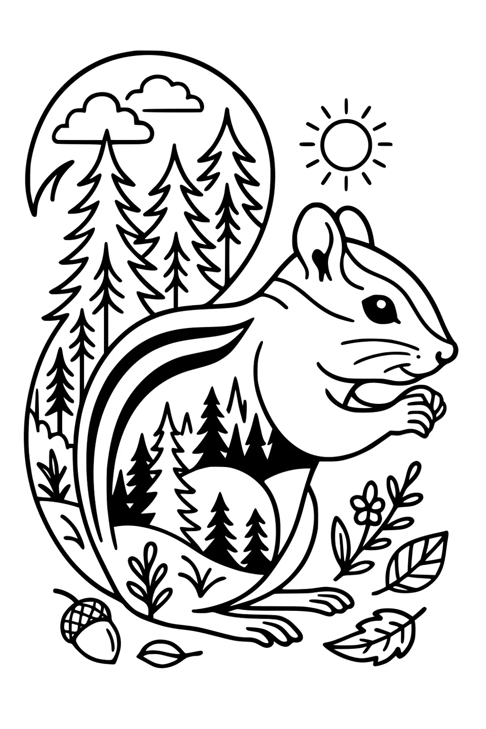 Chipmunk holding food in a forest with trees, acorn, flowers, leaves, sun, and clouds.