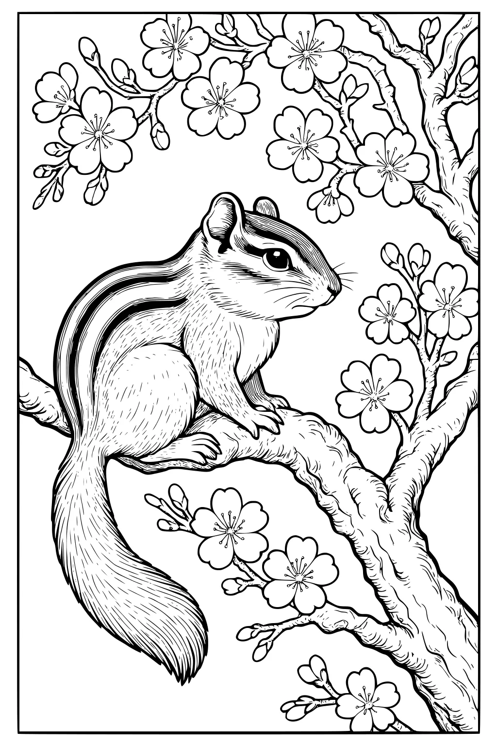 Chipmunk with stripes sits on a branch amid blooming flowers and twigs, drawn in detailed outline style.