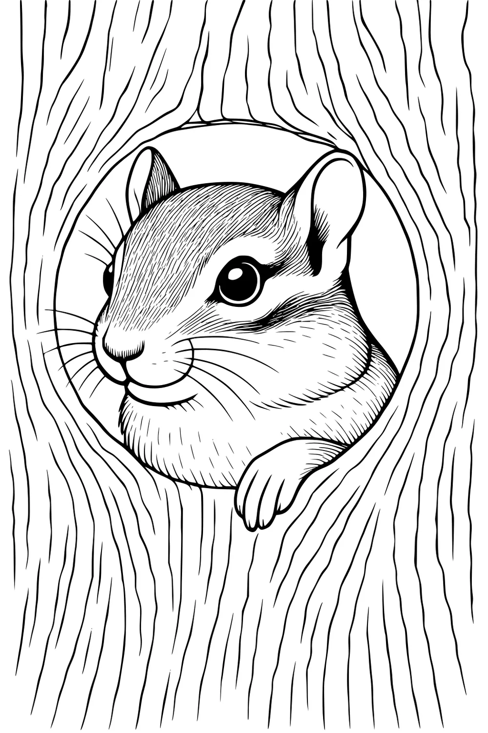 Chipmunk sticking head and paw out of tree trunk hole, surrounded by rough bark lines.