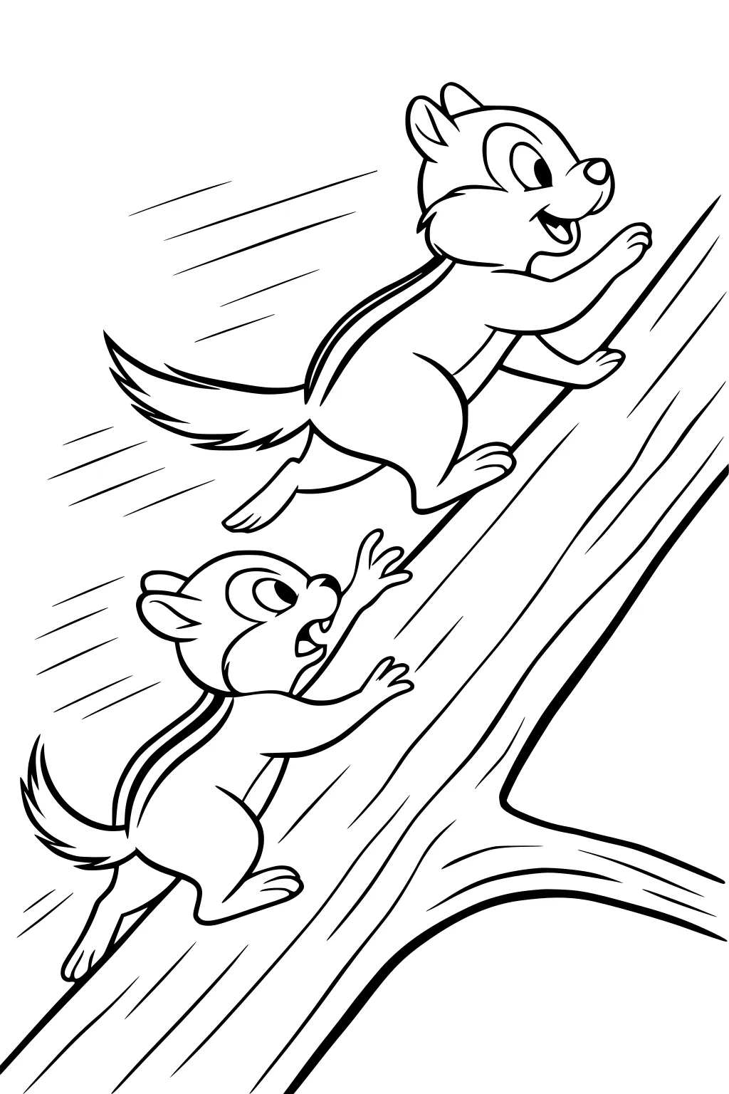 Two chipmunks climb quickly up a tree trunk, one grinning and another looking surprised, with motion lines behind them.