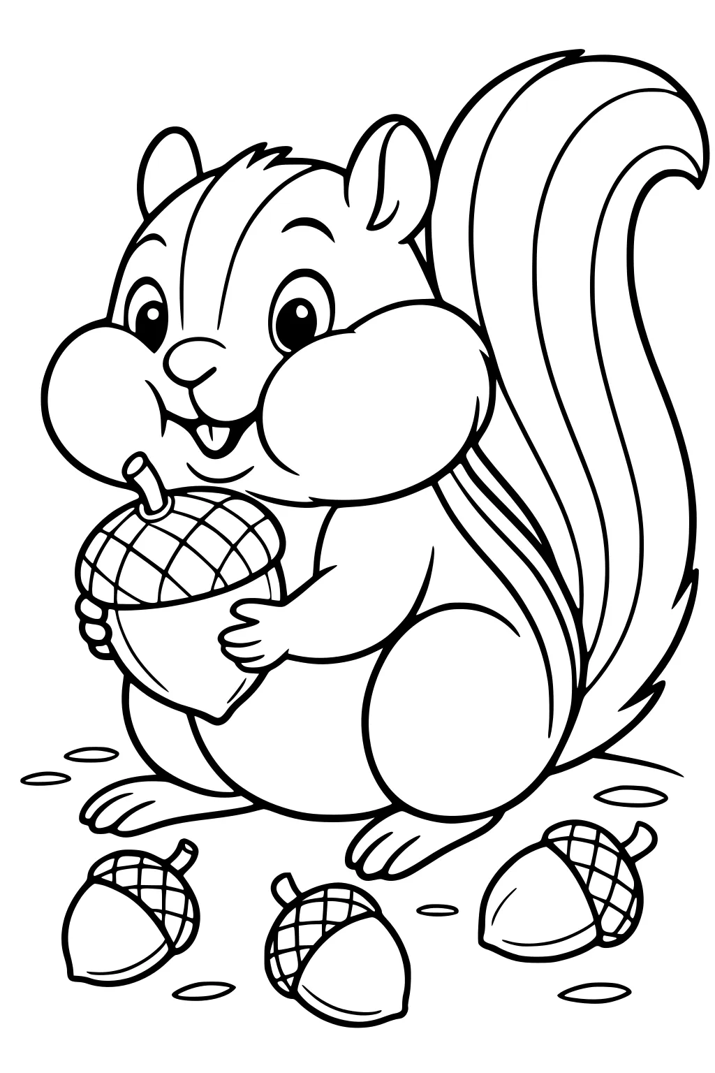 Cartoon chipmunk holding a large acorn, several acorns and seeds on the ground, fluffy striped tail