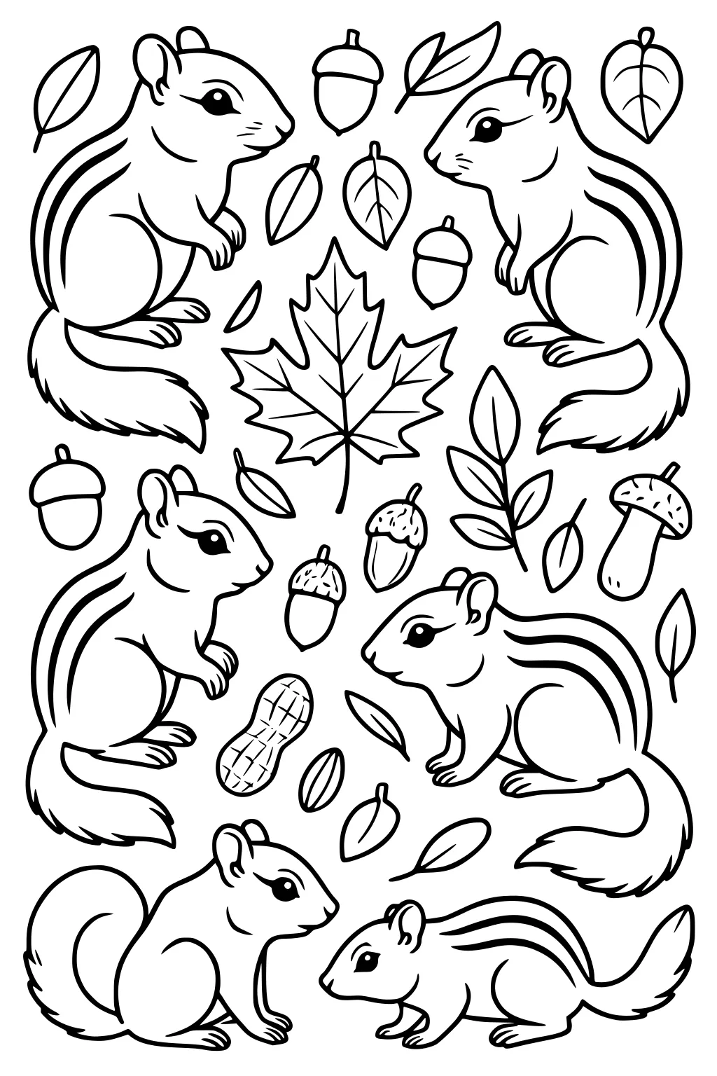 Five chipmunks surrounded by acorns, mushrooms, a peanut, and scattered leaves with a big maple leaf in the middle.
