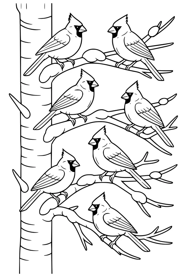 Six Cardinals on a Winter Birch