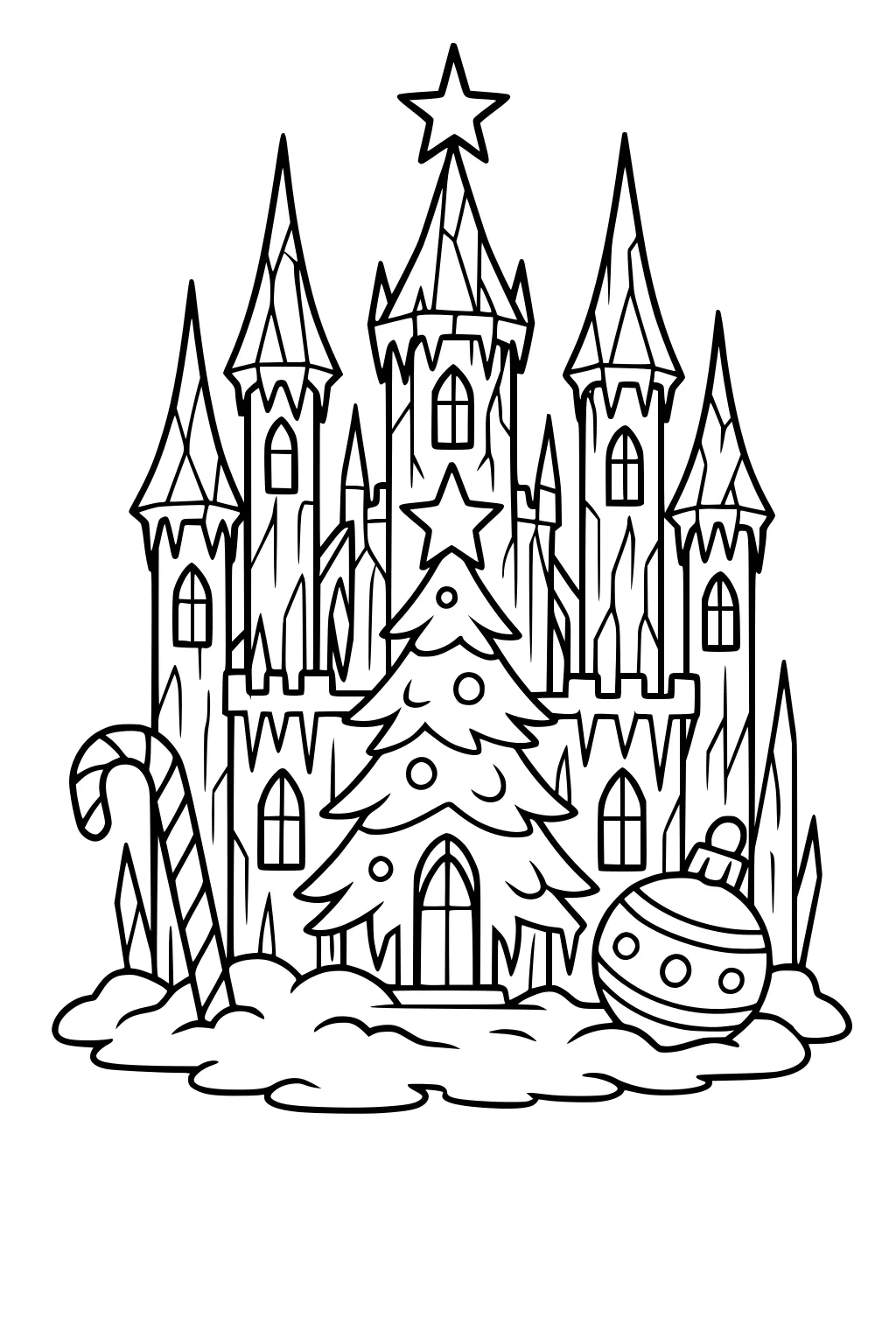 Christmas castle with tall spires and icicles, star-topped tree at entrance, candy cane, round ornament, and snow drifts.