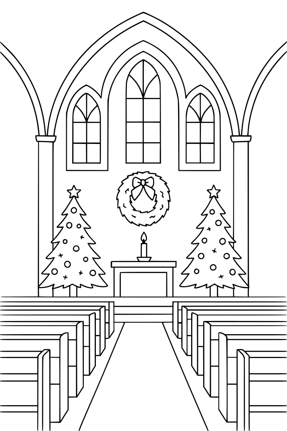 Christmas church interior with two trees, a wreath with bow, candle on altar, arched windows, tall arches, and rows of pews.