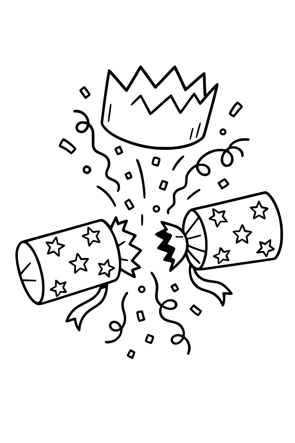 Two Christmas crackers burst with confetti and ribbons; a zigzag paper crown pops above; star patterns decorate the crackers.