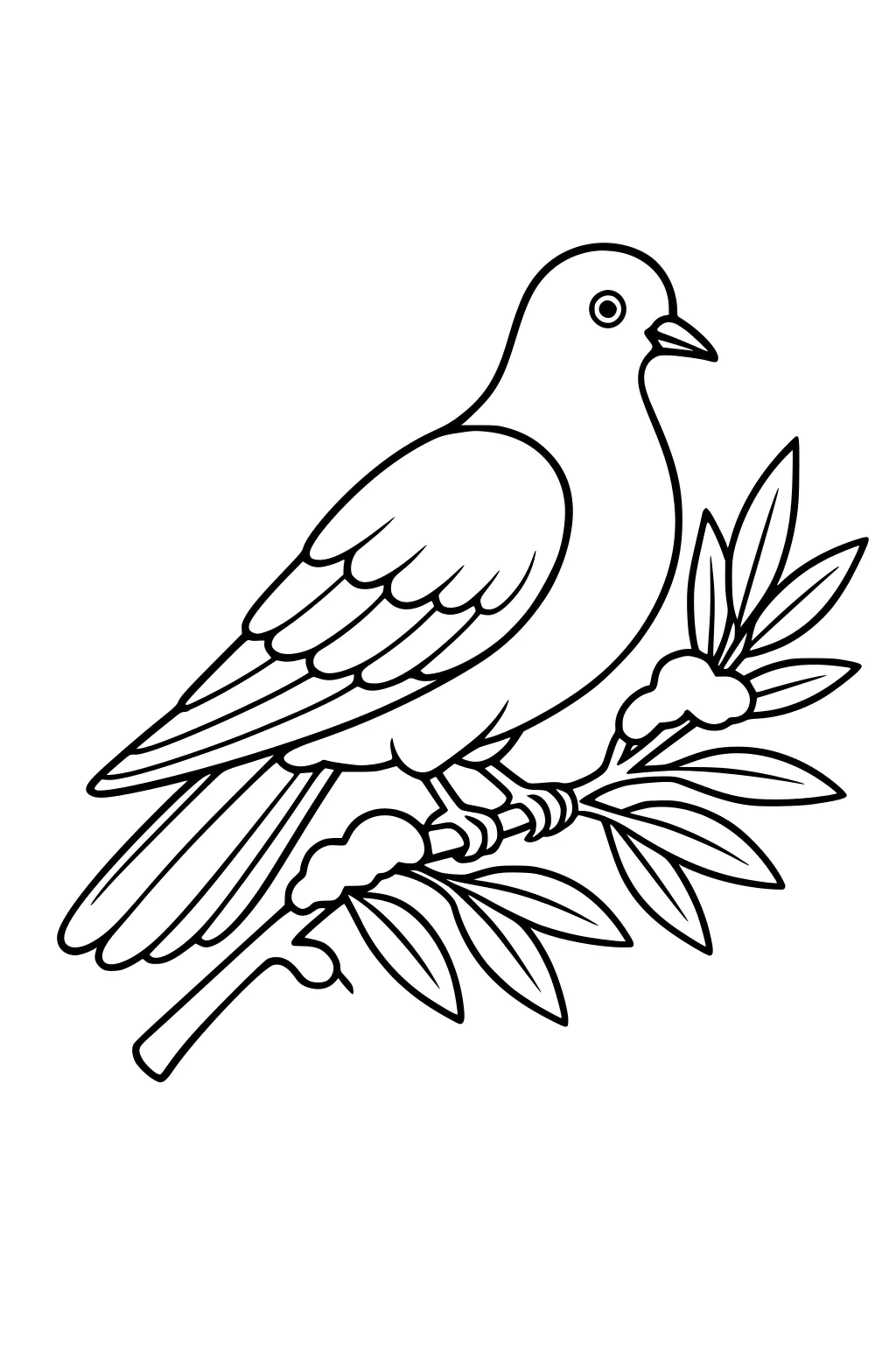 Line art dove perched on a leafy branch with small snow puffs, long tail feathers, and a calm round eye.