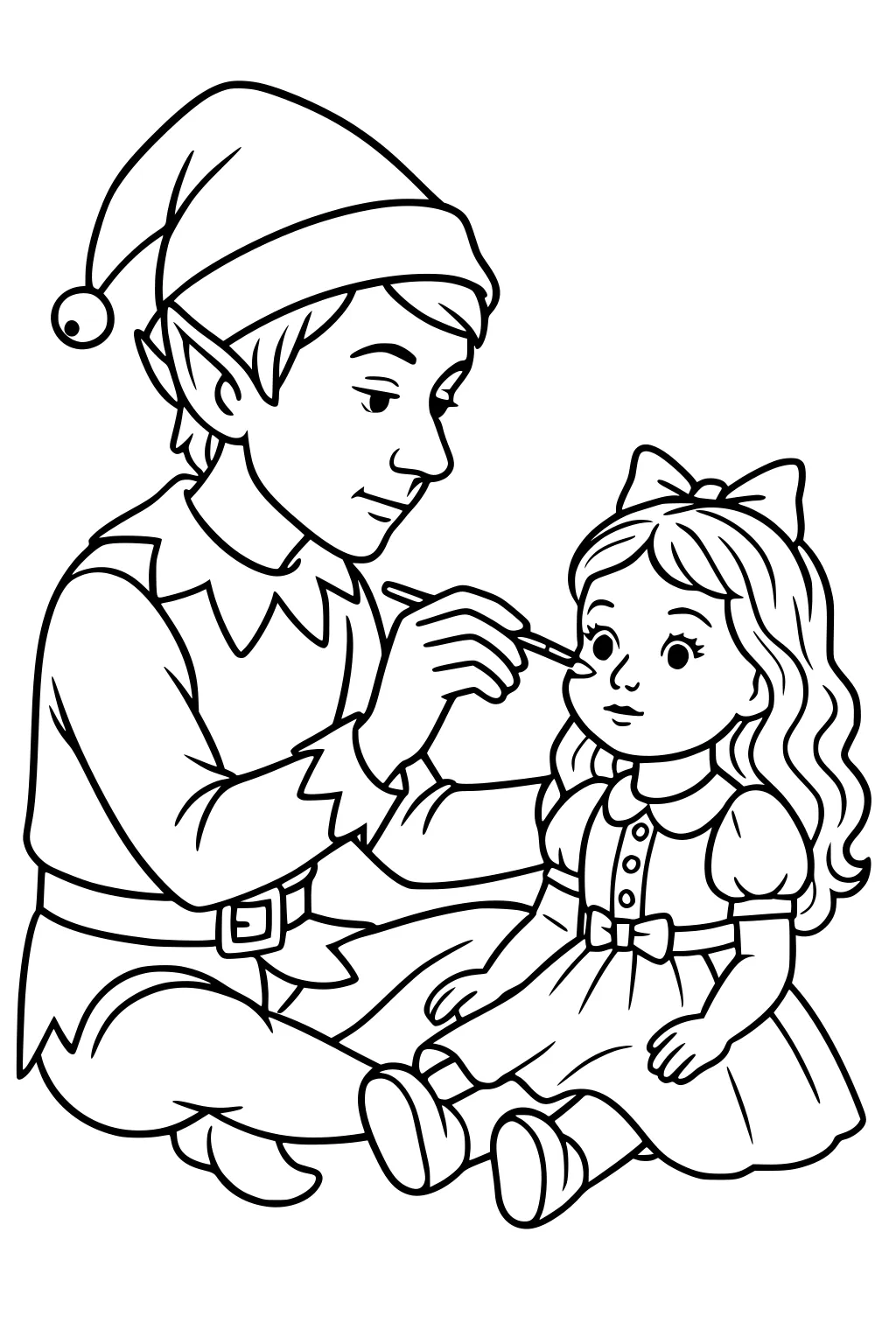 Christmas elf paints a girl's cheek with a brush as they sit; girl wears bow and puff-sleeve dress with buttons.