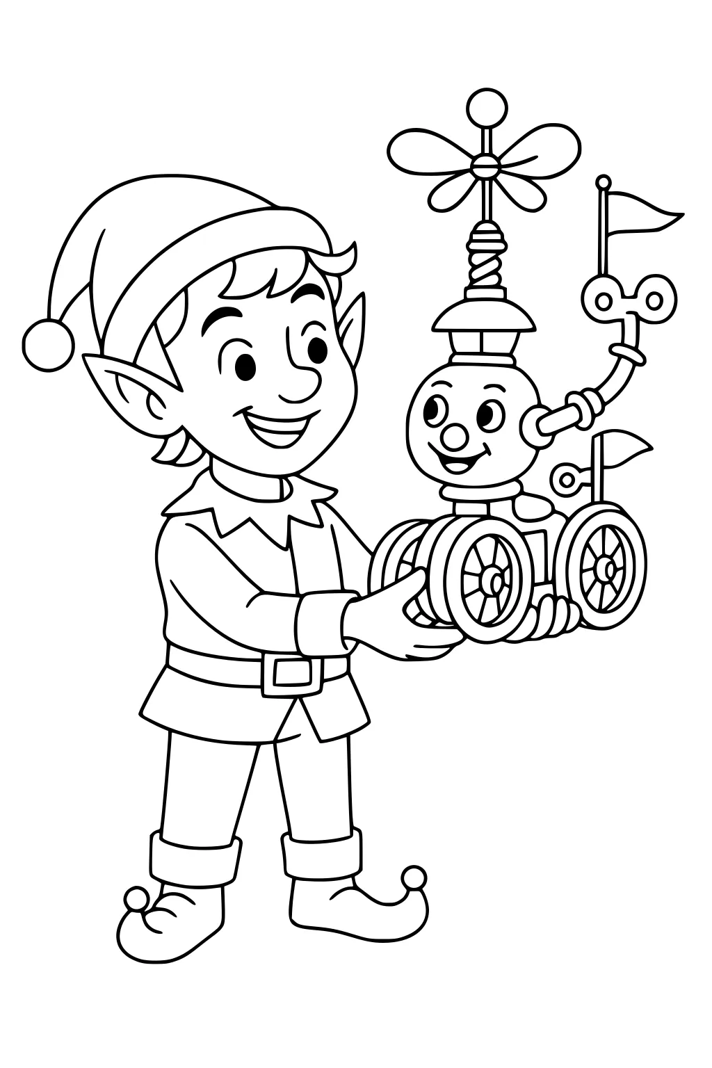Smiling Christmas elf boy holding a wheeled wind-up robot toy with face, propeller hat, small flags, and jingle shoes.
