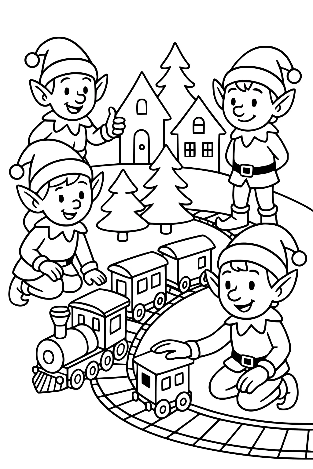 Four boy elves play with a toy train on a circular track by fir trees and small houses in a Christmas village.
