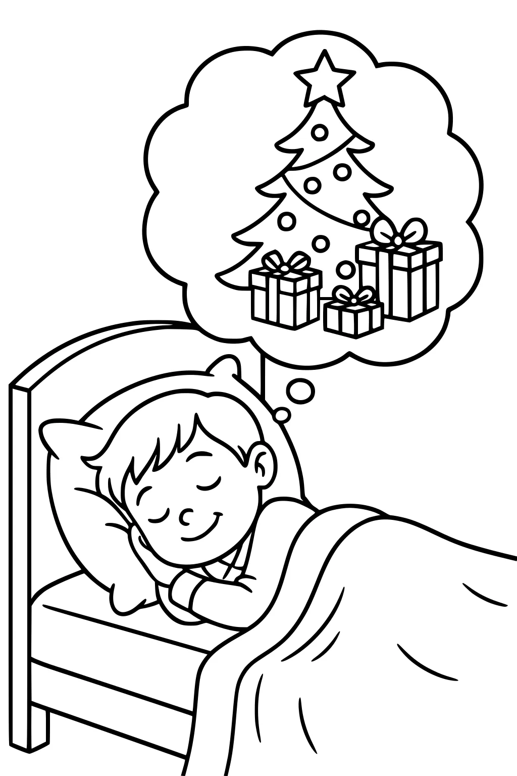 Boy sleeping under a blanket, dreaming of a Christmas tree with a star and wrapped gifts inside a cloud-shaped thought bubble.