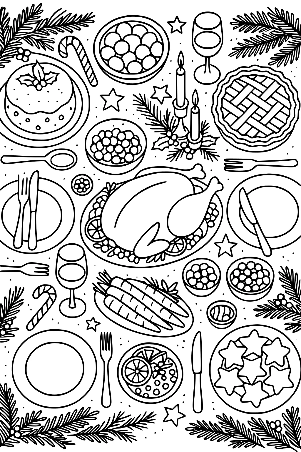 Top-down Christmas table with turkey, pie, holly pudding, carrots, cookies, bowls, candles, candy canes, pine sprigs, plates.