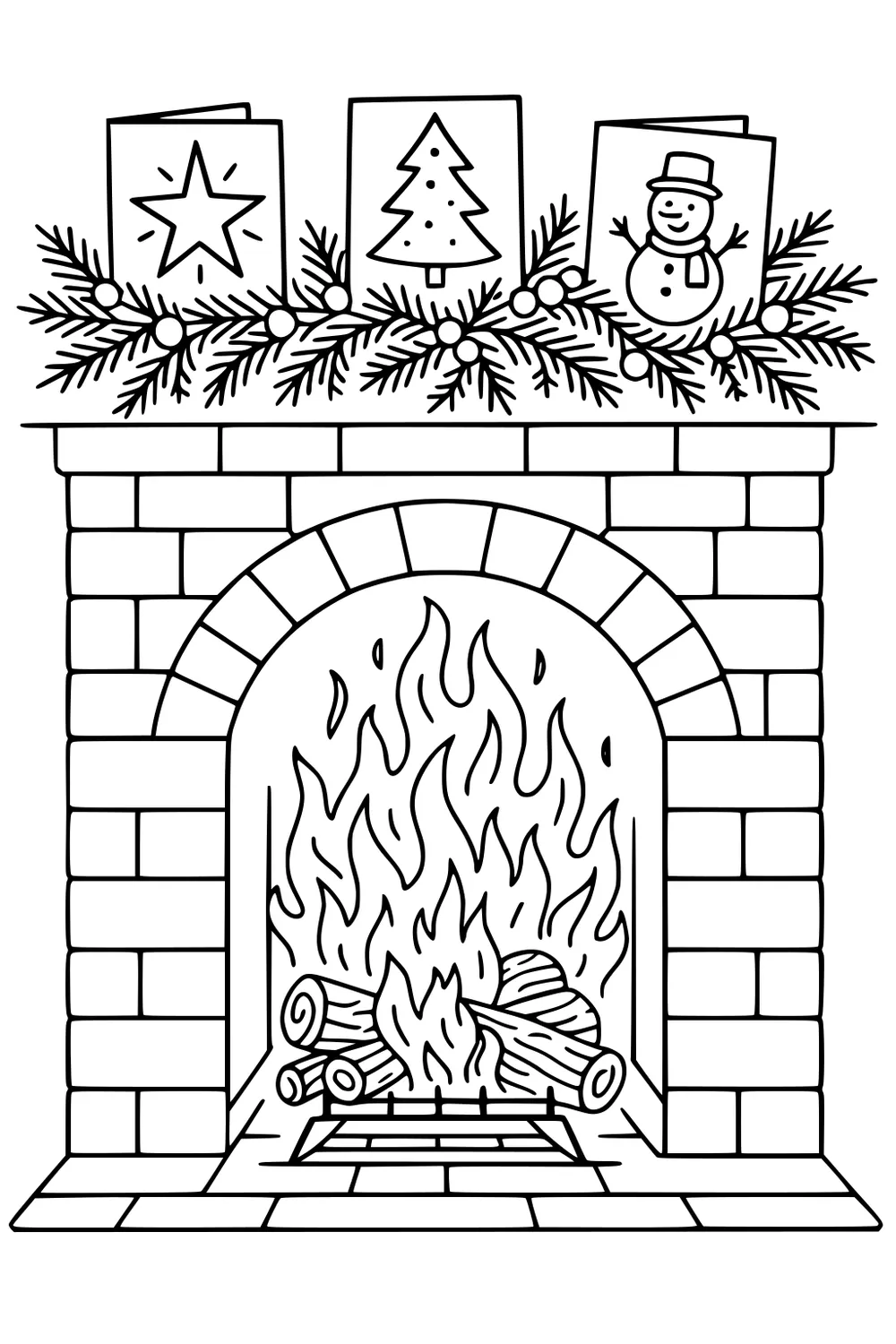 Brick fireplace with burning logs, tall flames, tiled hearth, pine garland with berries, and three holiday cards: star, tree, snowman.