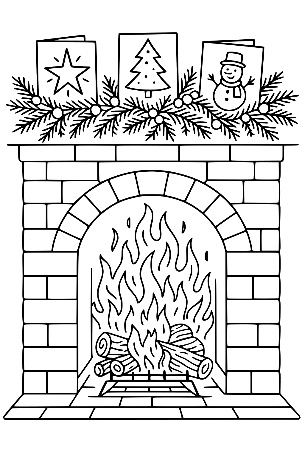 Brick fireplace with burning logs, tall flames, tiled hearth, pine garland with berries, and three holiday cards: star, tree, snowman.