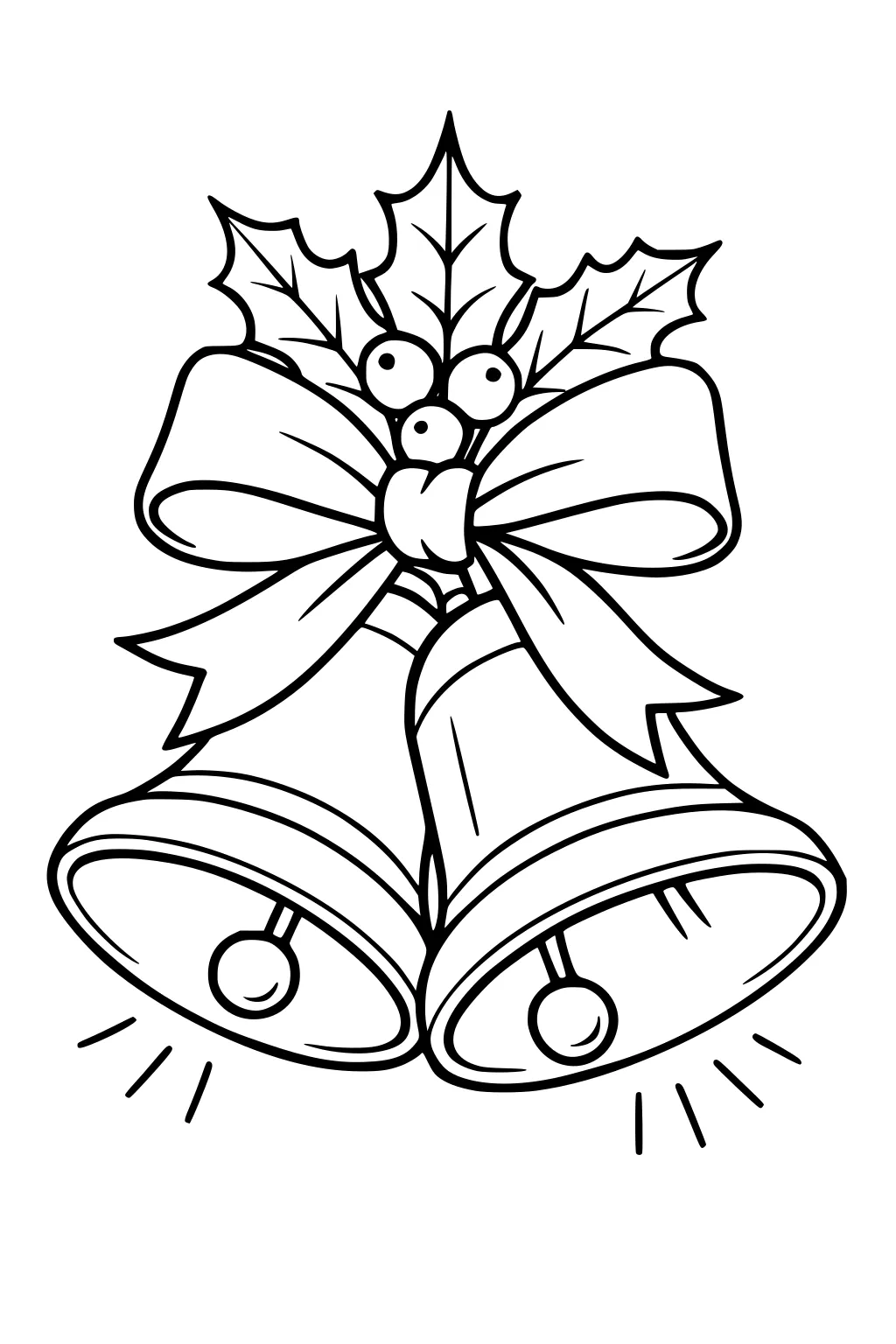 Two Christmas bells with a large bow, topped with holly leaves and berries, with lines showing the bells ringing.