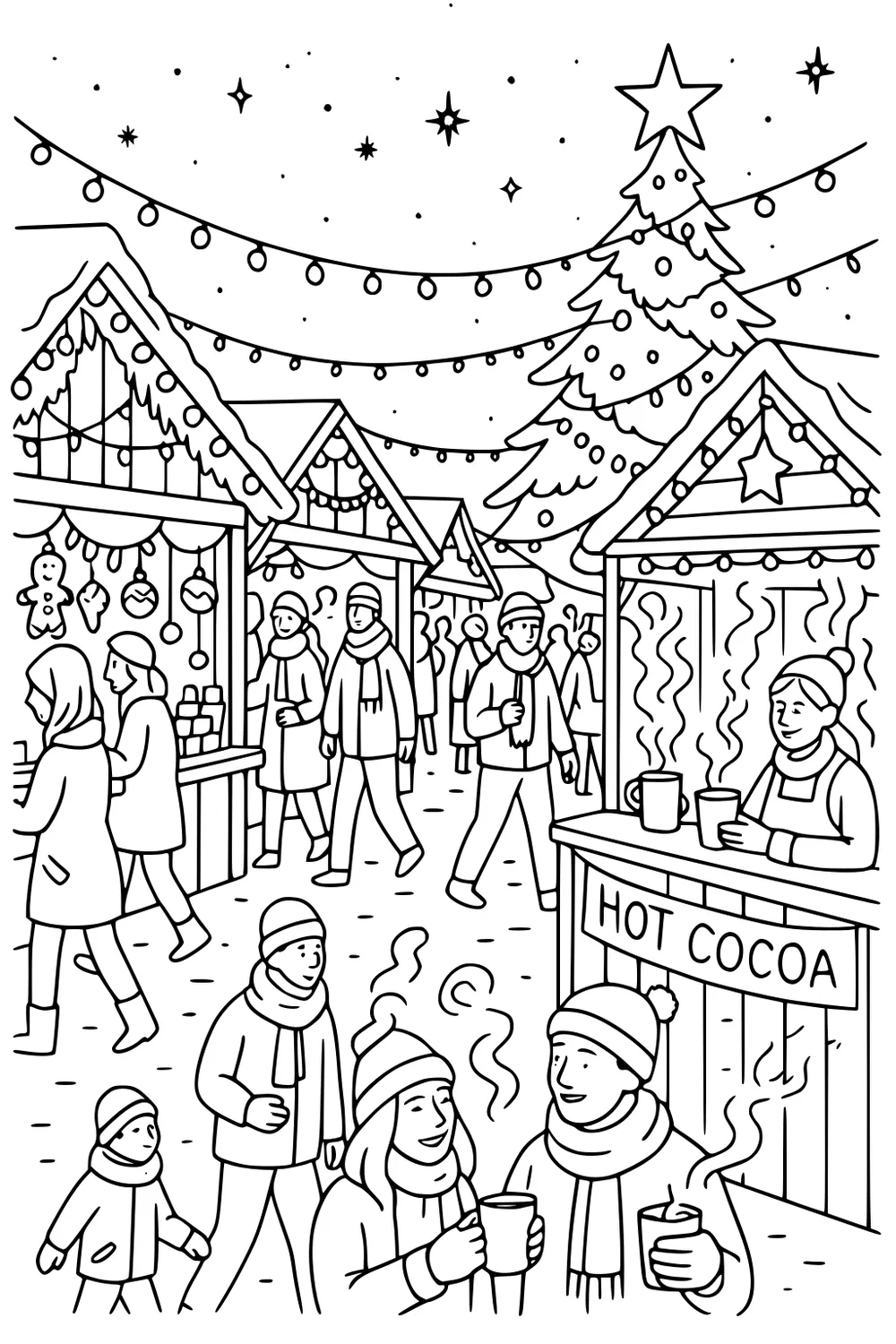 Busy Christmas market with stalls, hot cocoa stand, big tree with star, string lights, and families in scarves sipping steaming drinks.
