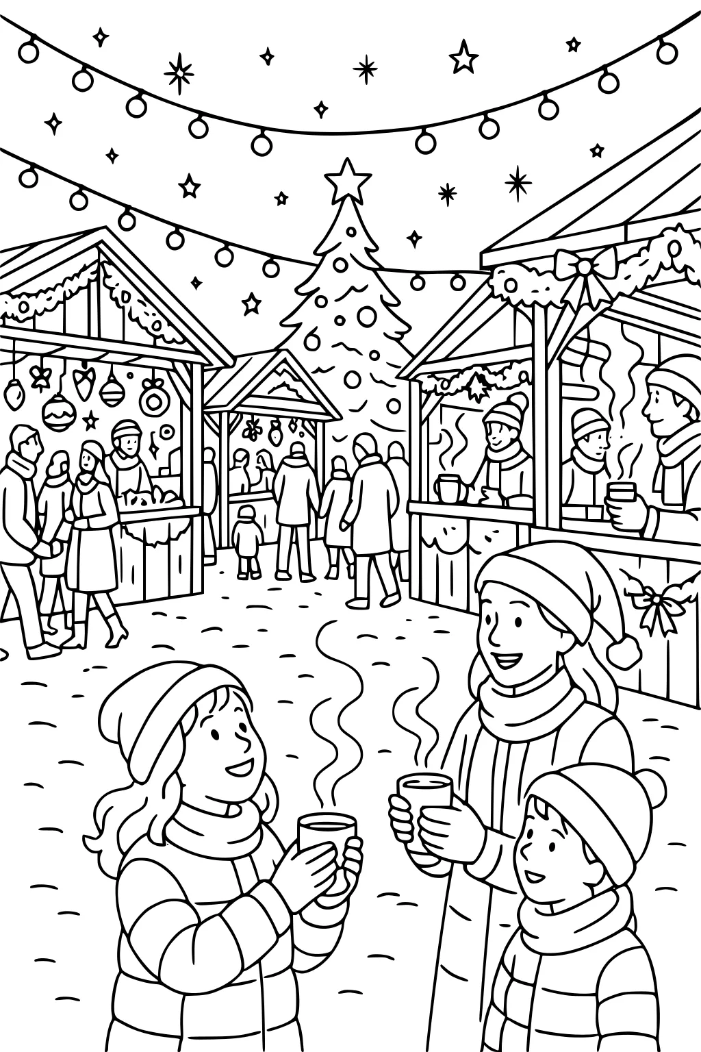 Mom with daughter and son sipping cocoa at a Christmas market with stalls, garlands, string lights, big tree, and bundled shoppers.