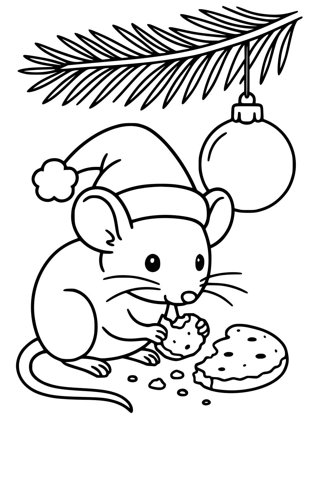 Cartoon mouse in a Santa hat munching a cookie under a pine branch with a round ornament, crumbs scattered on the ground.