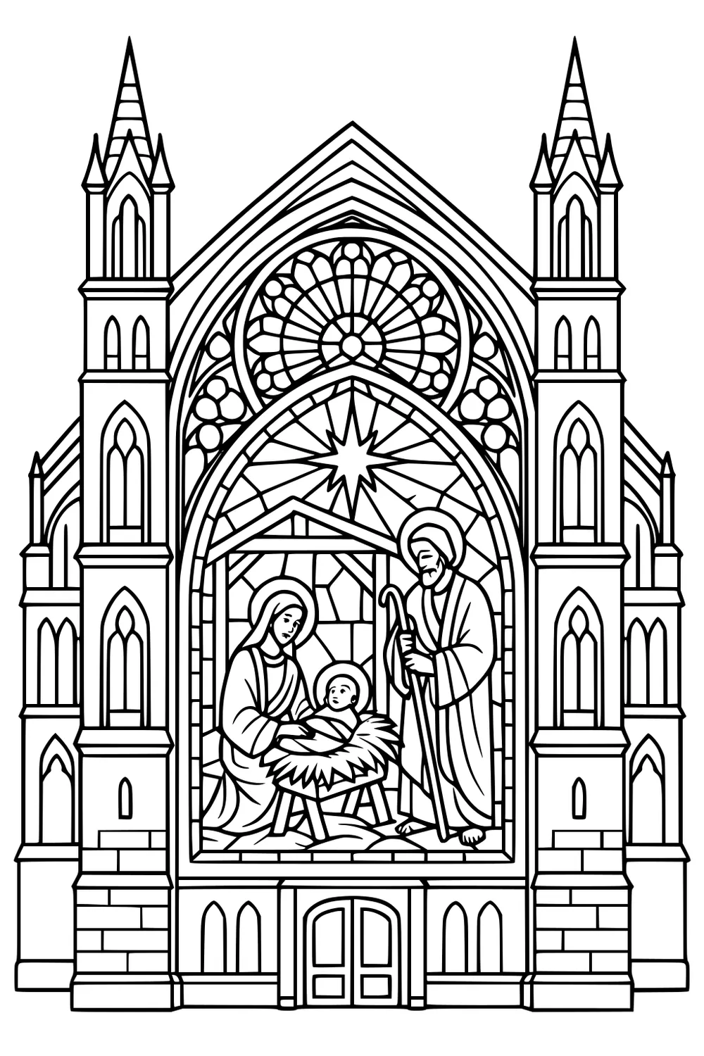Gothic church facade with twin spires and stained-glass nativity of Mary, Joseph, and baby Jesus under the Bethlehem star.