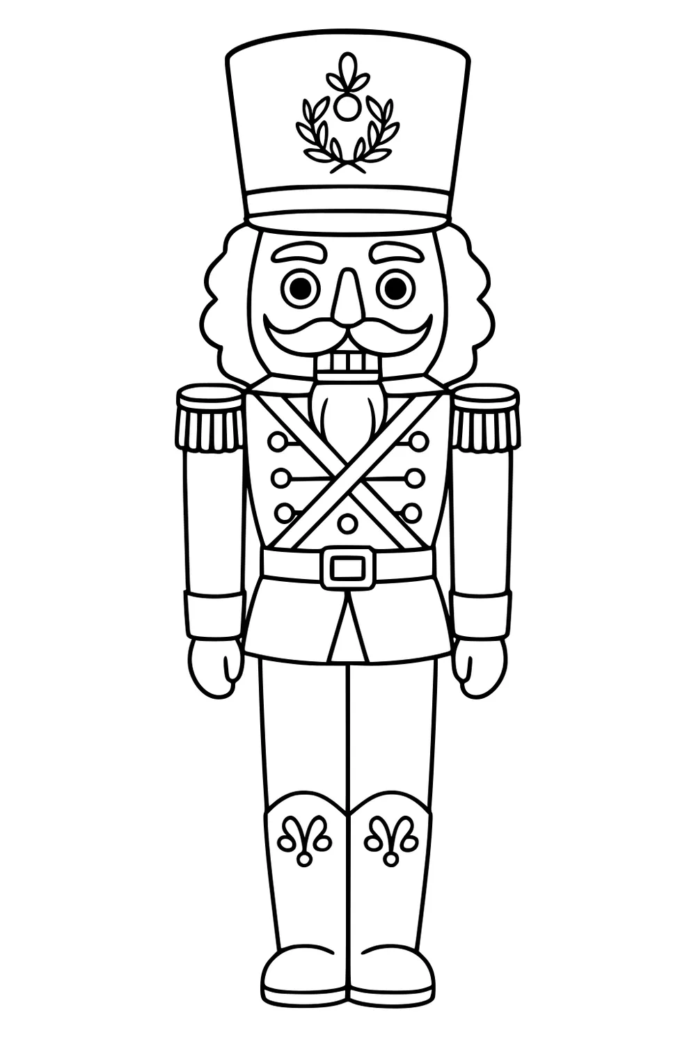Outline of a Christmas nutcracker soldier with tall hat, mustache, epaulets, crossed straps, belt buckle, and patterned boots.