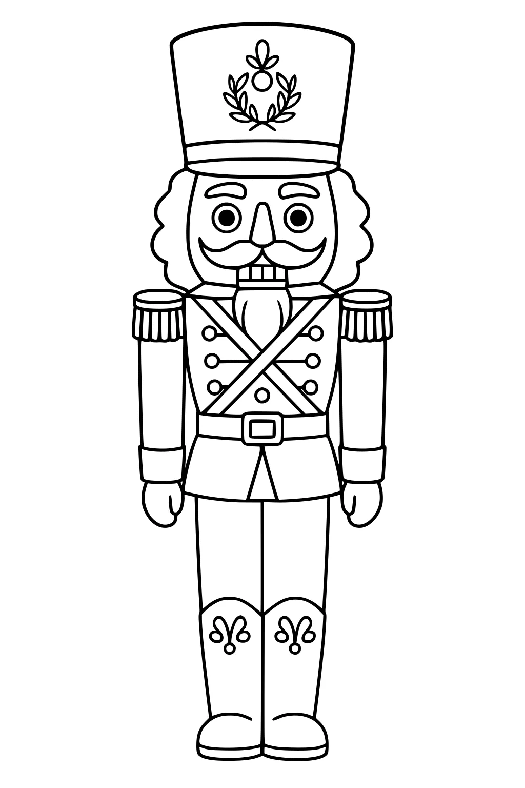Outline of a Christmas nutcracker soldier with tall hat, mustache, epaulets, crossed straps, belt buckle, and patterned boots.