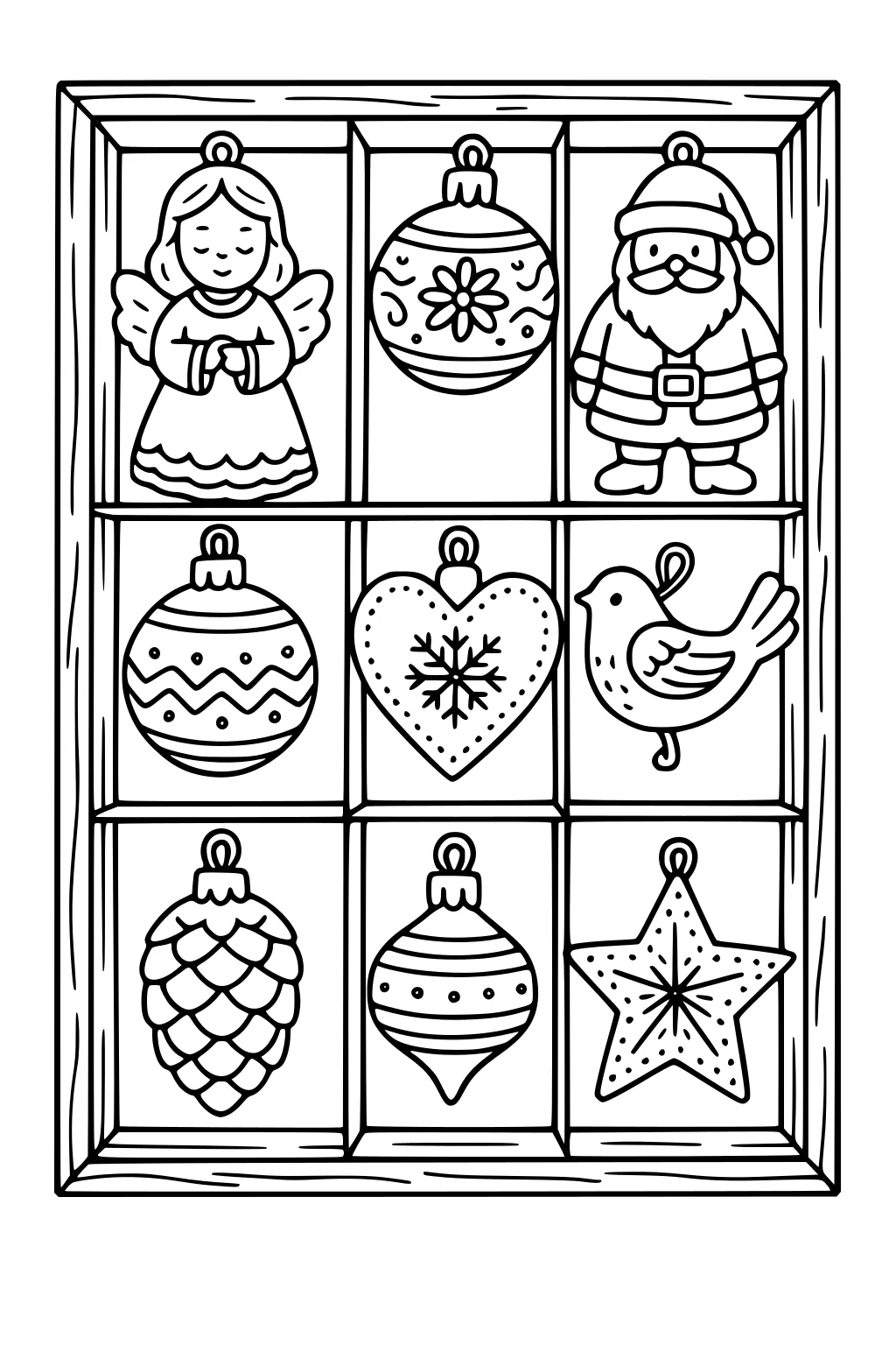 Wooden nine-square display of Christmas ornaments: angel girl, Santa, baubles, heart with snowflake, bird, pinecone, finial, star.