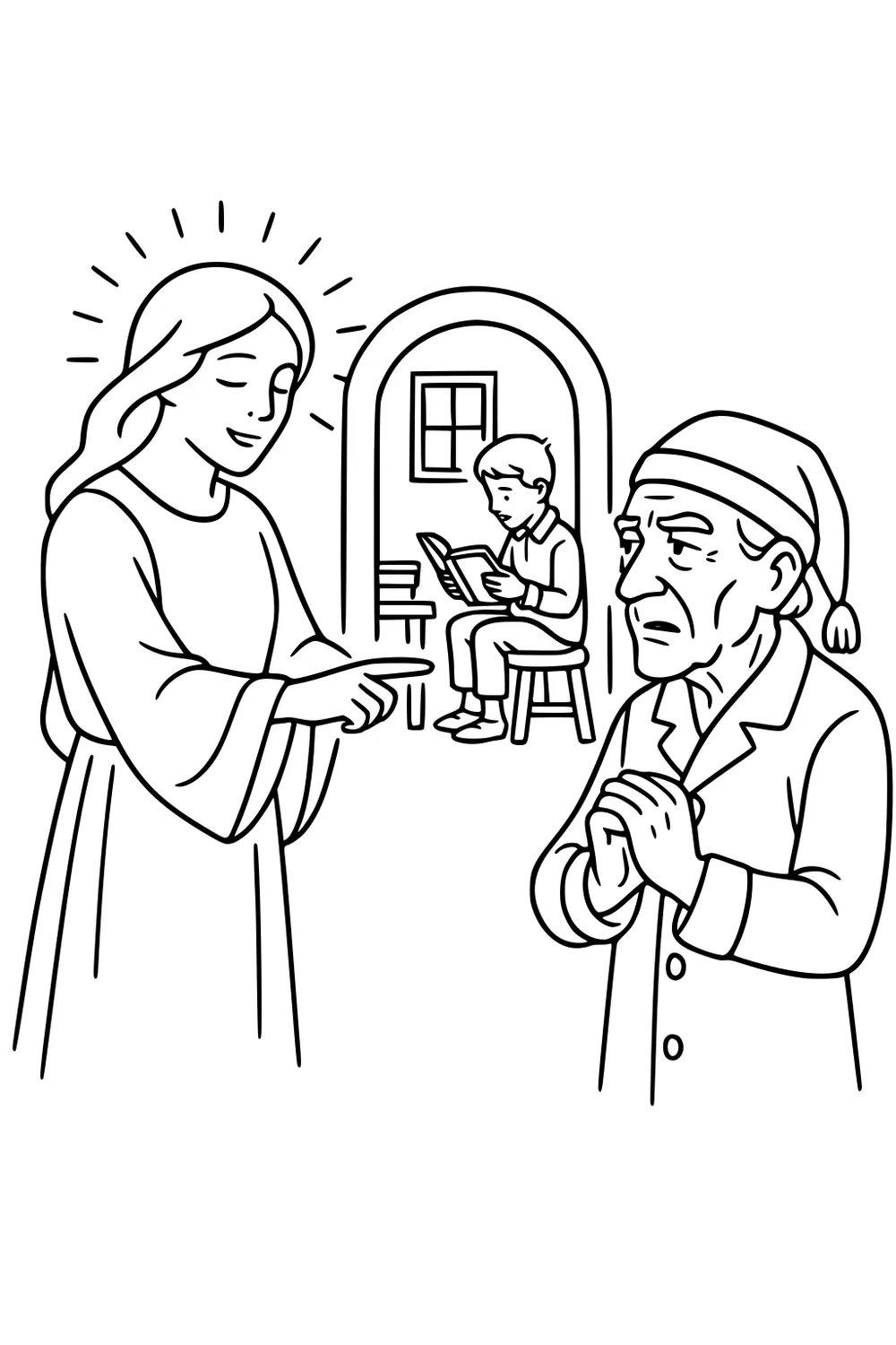 Glowing spirit woman points to a doorway as an old man in a nightcap clasps his hands; a boy reads in a small room with a window.