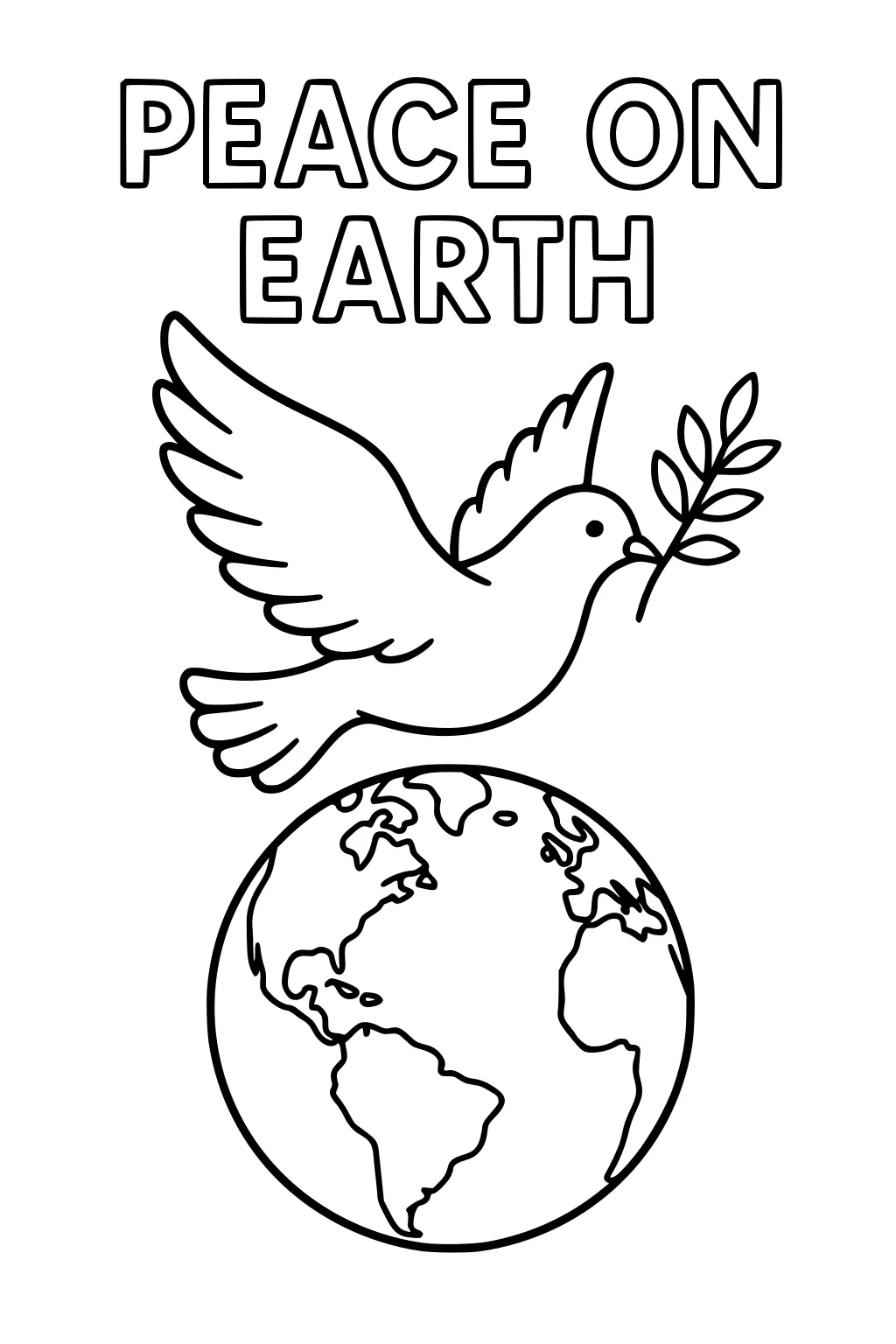 Dove with an olive branch flying above a globe, with PEACE ON EARTH in bold letters at the top.