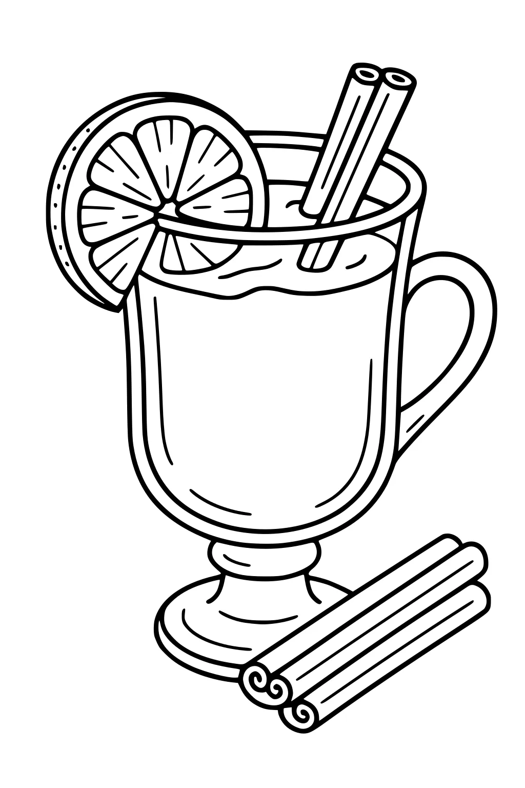 Footed glass mug with citrus slice on rim and two cinnamon sticks inside, with extra cinnamon sticks at the base.