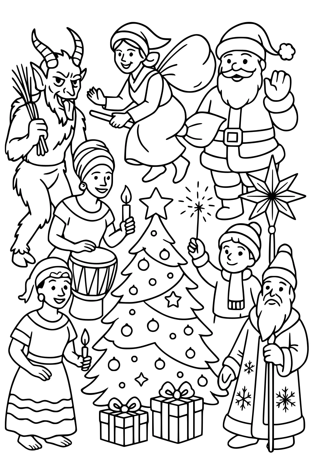 Santa, angel, Krampus, drummer, and kids gather around a decorated Christmas tree with presents, candles, a sparkler, and a star lantern.