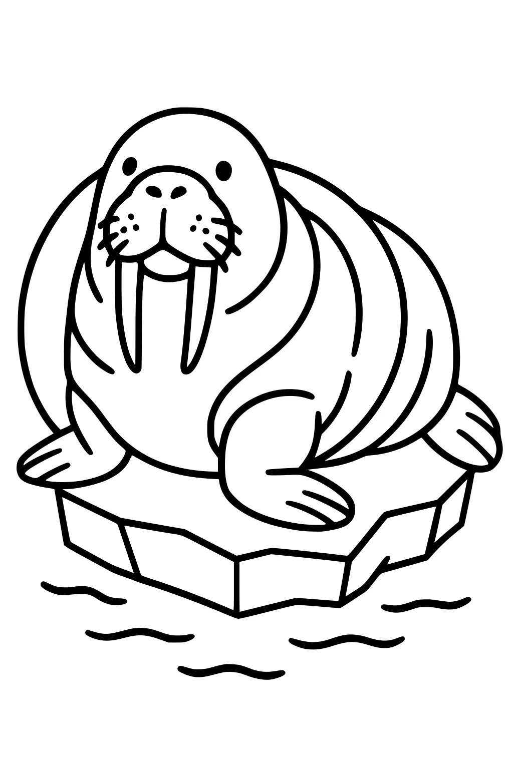 Cartoon walrus with long tusks resting on a flat ice block, water waves underneath, drawn with thick black outlines.