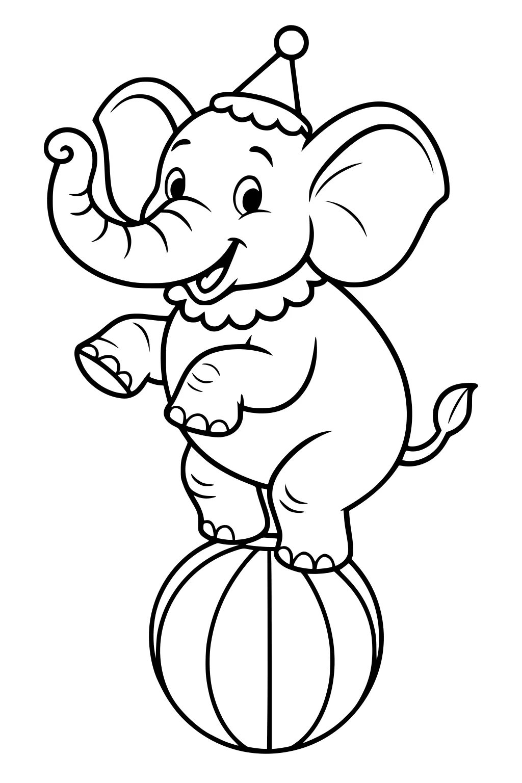 Cartoon elephant wearing a party hat and ruffle collar, balancing on a striped circus ball, smiling.