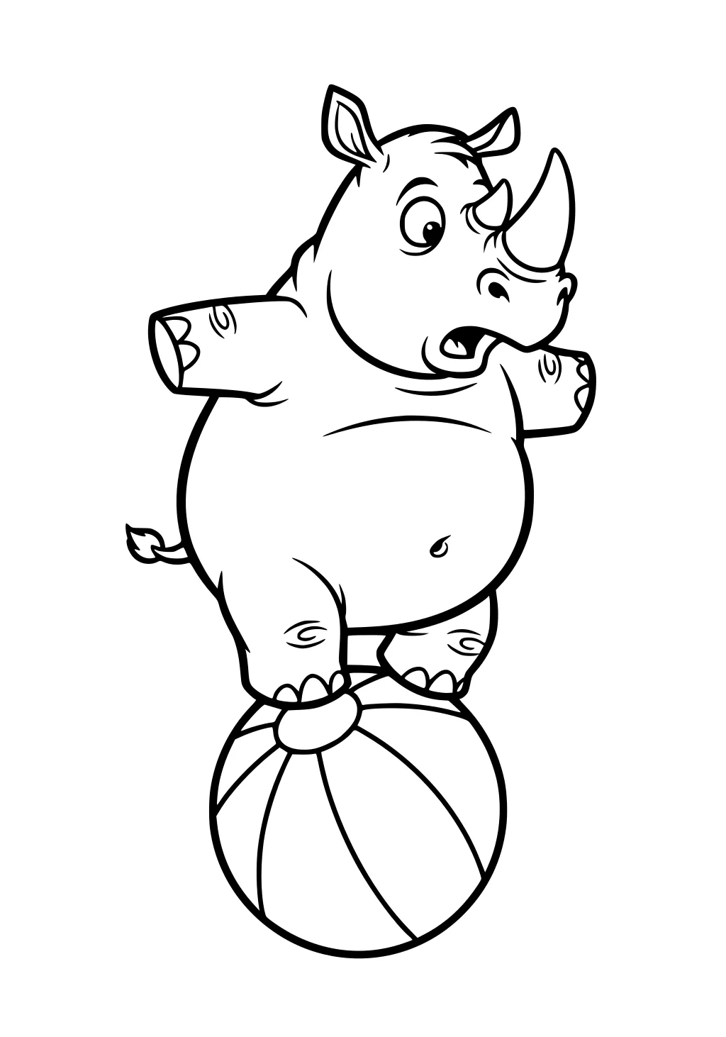 Cartoon rhinoceros balancing with arms out on a striped ball and looking surprised.