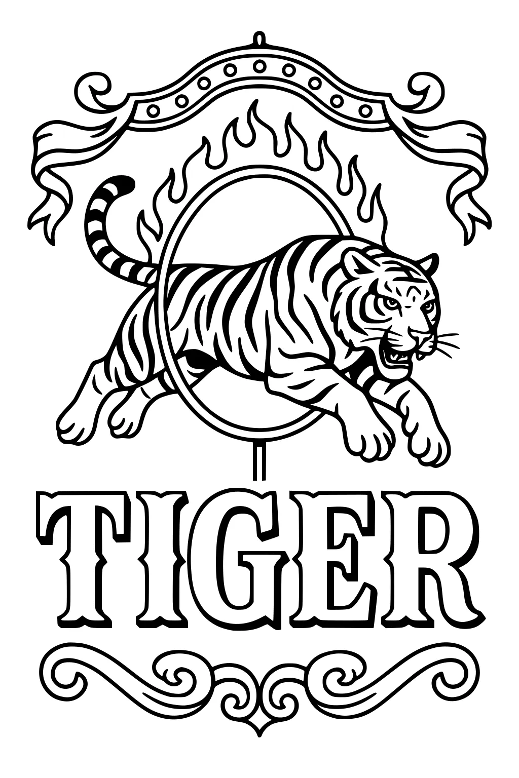 Tiger leaping through a flaming hoop with stripes, circus banner, and TIGER text below.