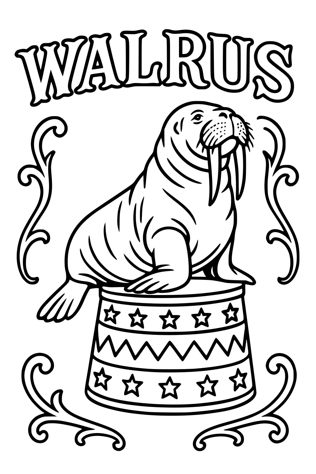 Smiling walrus with big tusks sits on a star-patterned circus stand, surrounded by decorative swirls and large WALRUS text.