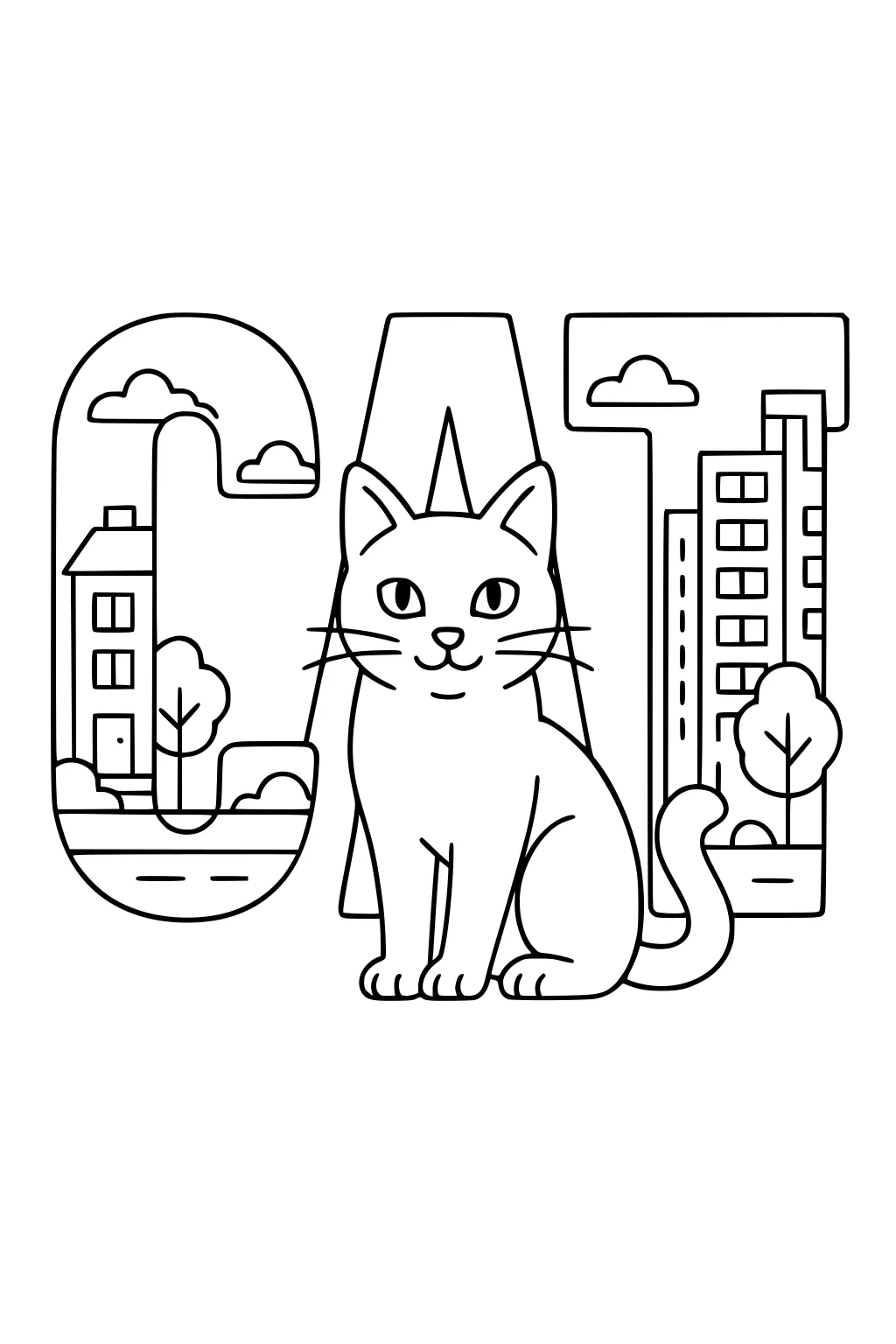 A smiling cat sits in front of large block letters spelling CAT, each letter filled with buildings, trees, and clouds.