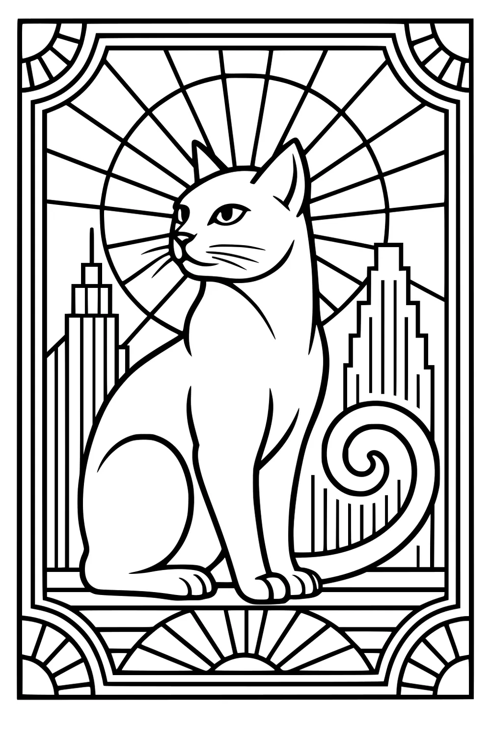 Sitting cat with curled tail in front of skyscrapers and sunburst pattern with bold geometric border.