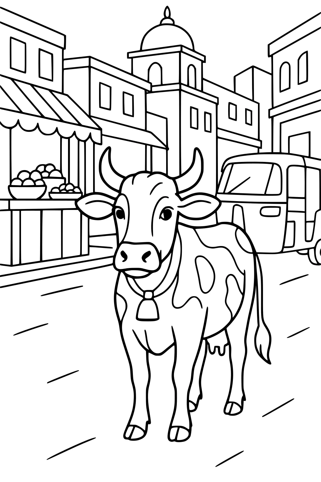 Cow with bell stands on a city street, buildings, rickshaw, and fruit stand visible in the background.
