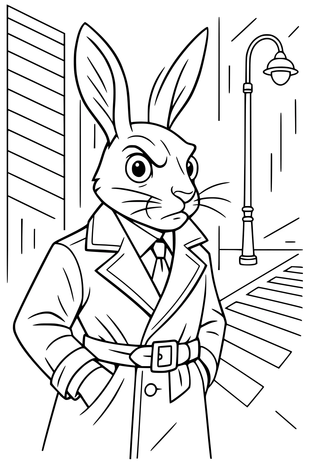Hare in trench coat and tie standing on city street by lamppost and crosswalk, tall buildings behind him.