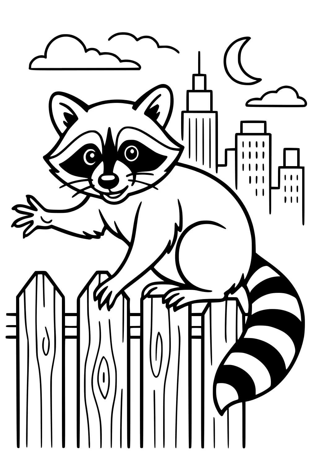 Raccoon on a wooden fence, waving with one paw, city buildings, clouds, and a moon in the background.