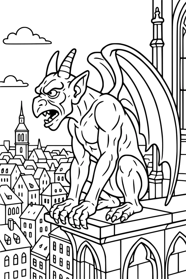 Gargoyle Guardian Over Rooftops