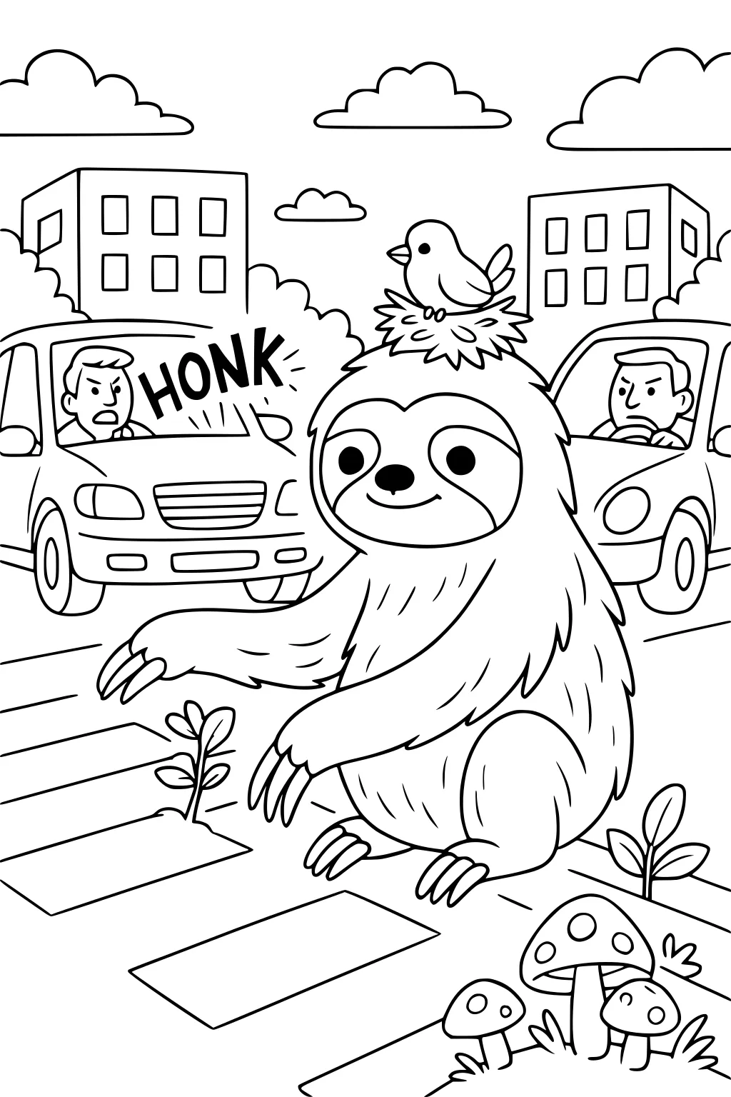 A sloth with a bird on its head slowly crossing a city street while cars and drivers wait. Mushrooms, plants, buildings, clouds visible.