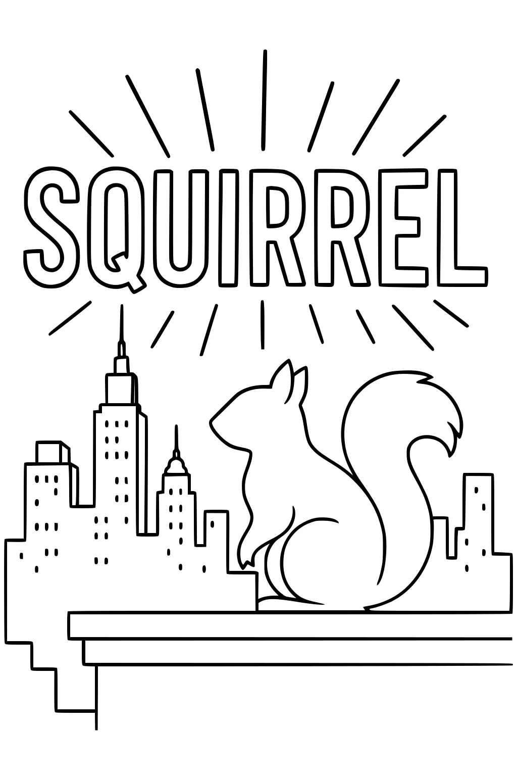 Squirrel sitting on a ledge in front of a city skyline with SQUIRREL written in large letters above.
