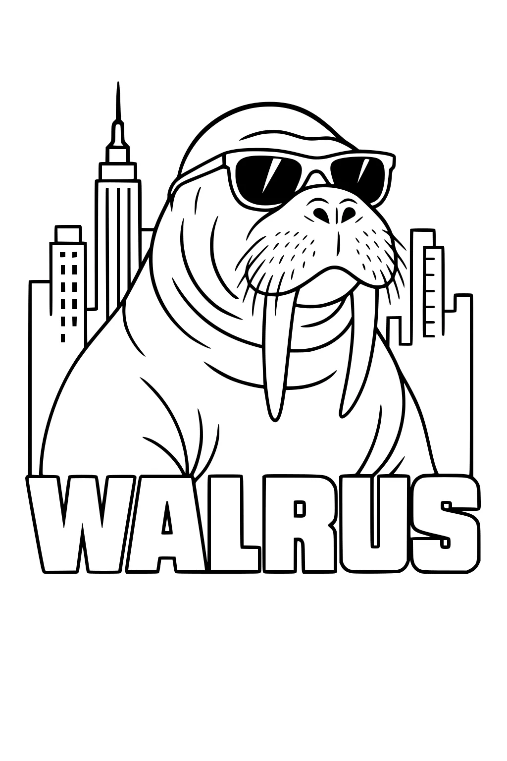 Walrus with sunglasses sitting in front of tall city buildings, large block letters spelling WALRUS underneath.