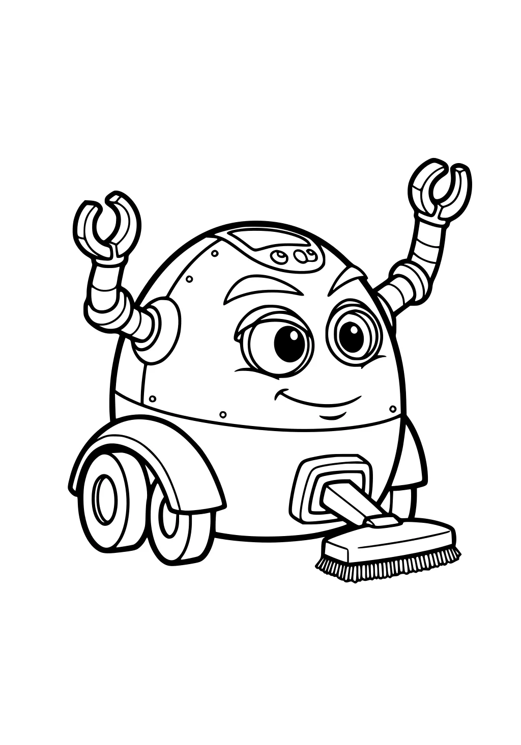 Round cartoon robot vacuum with big eyes, smile, claw arms raised, rolling wheels, and a front brush attachment on a simple white background.